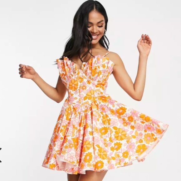 ASOS LUXE fan detail mini cami dress in 60s floral - Picture 1 of 6